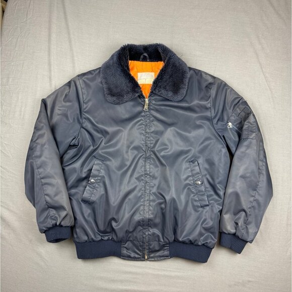 Vintage Sears Work Leisure 70s Fur Collar Bomber Flight Jacket Mens Large Blue - Picture 1 of 9